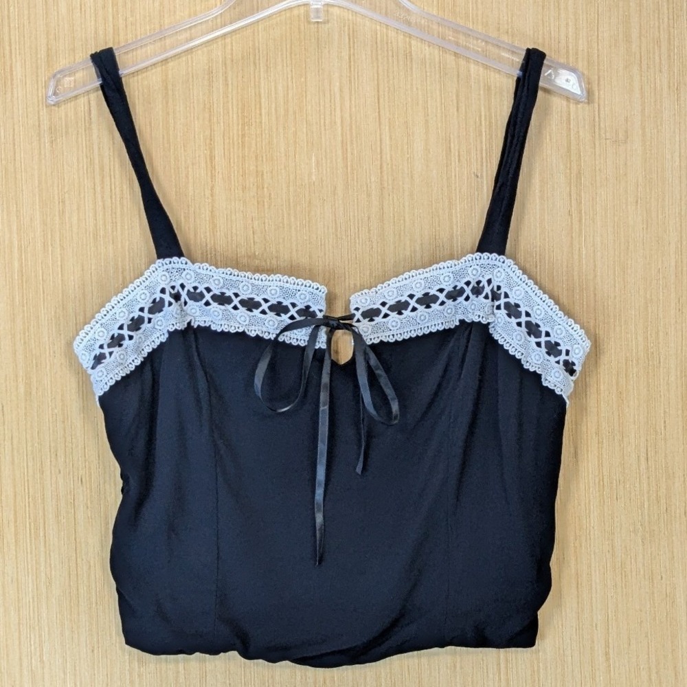 Sienna Sky Coquette Dark Romantic Lace Trim Crop Top Size L Black Smocked Back